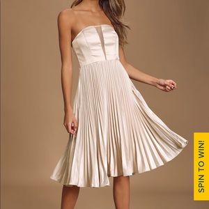 Just Like a Movie Champagne Strapless Pleated Midi Dress
